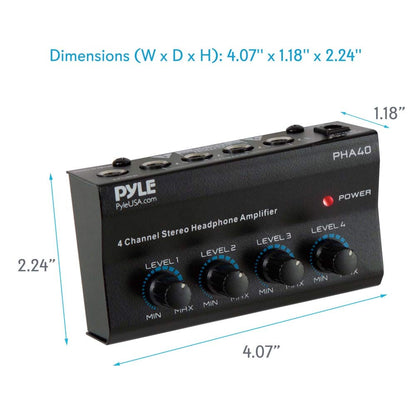 4-Channel Portable Stereo Headphone Amplifier - Professional Multi Channel Mini Earphone Splitter Amp w/ 4 ¼” Balanced TRS Headphones Output Jack and 1/4" TRS Audio Input For Sound Mixer - Pyle PHA40 BLACK