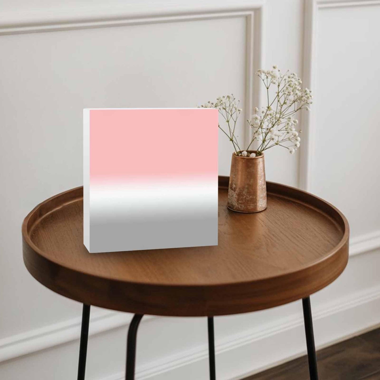 Wood Box Sign Desk Decor Pink White Grey Gradient Square Boxes Sign, Ombre Art Wooden Block Box Sign Decoration for Home Wall Tabletop Shelf Office Decor,6x6IN