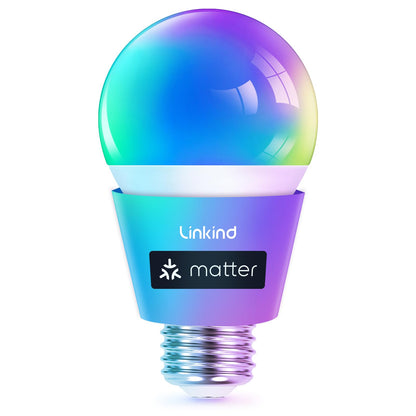 Linkind Matter Smart Light Bulb, WiFi Smart Bulbs, Work with Apple Home, Siri, Alexa, Google, SmartThings, RGBTW Color Changing Bulbs Mood Lighting, Music Sync, A19 E26 60W, 2.4Ghz WiFi 6 Pack
