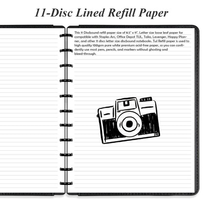 Letter Size Discbound Refill Paper, 11 Disc Paper Refill for Note-Taking System Discbound Planner, 100Sheets / 200Pages Discbound Paper, 100gsm, White, 8.5'' x 11''