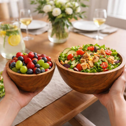 AYANSHITIK Acacia Wood Bowls Set of 2 – Small & Large Wooden Serving Bowls, 100% Natural Solid Acacia, Smooth Finish, Water Resistant, Easy to Clean, Salad Snack Fruit Kitchen Bowls