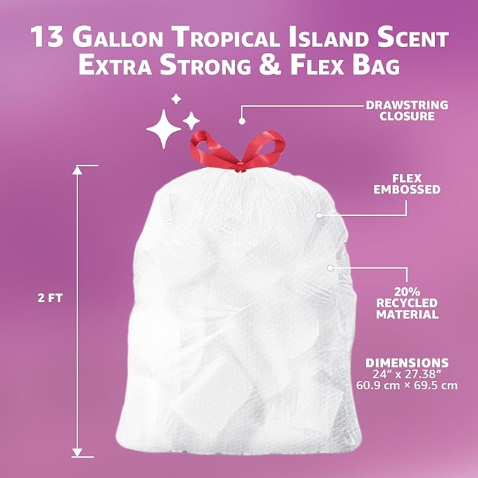 Amazon Basics Extra Strong & Flex Tall Kitchen Drawstring Trash Bags, Tropical