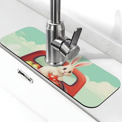 Kitchen Sink Splash Guard Faucet Mat Easter Bunny Rabbits 15"x5.5", Diatom Mat
