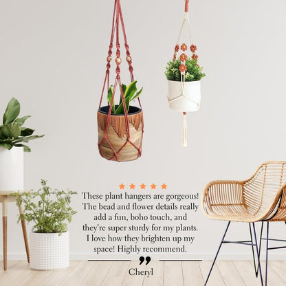 Set of 2 Macrame plant hanger with Daisies & Beads | Hanging plant holder Macrame Plant hangers outdoor and indoor hanging planters Plant stand indoor Boho Decor hanging planter stand (Cafe Latte)