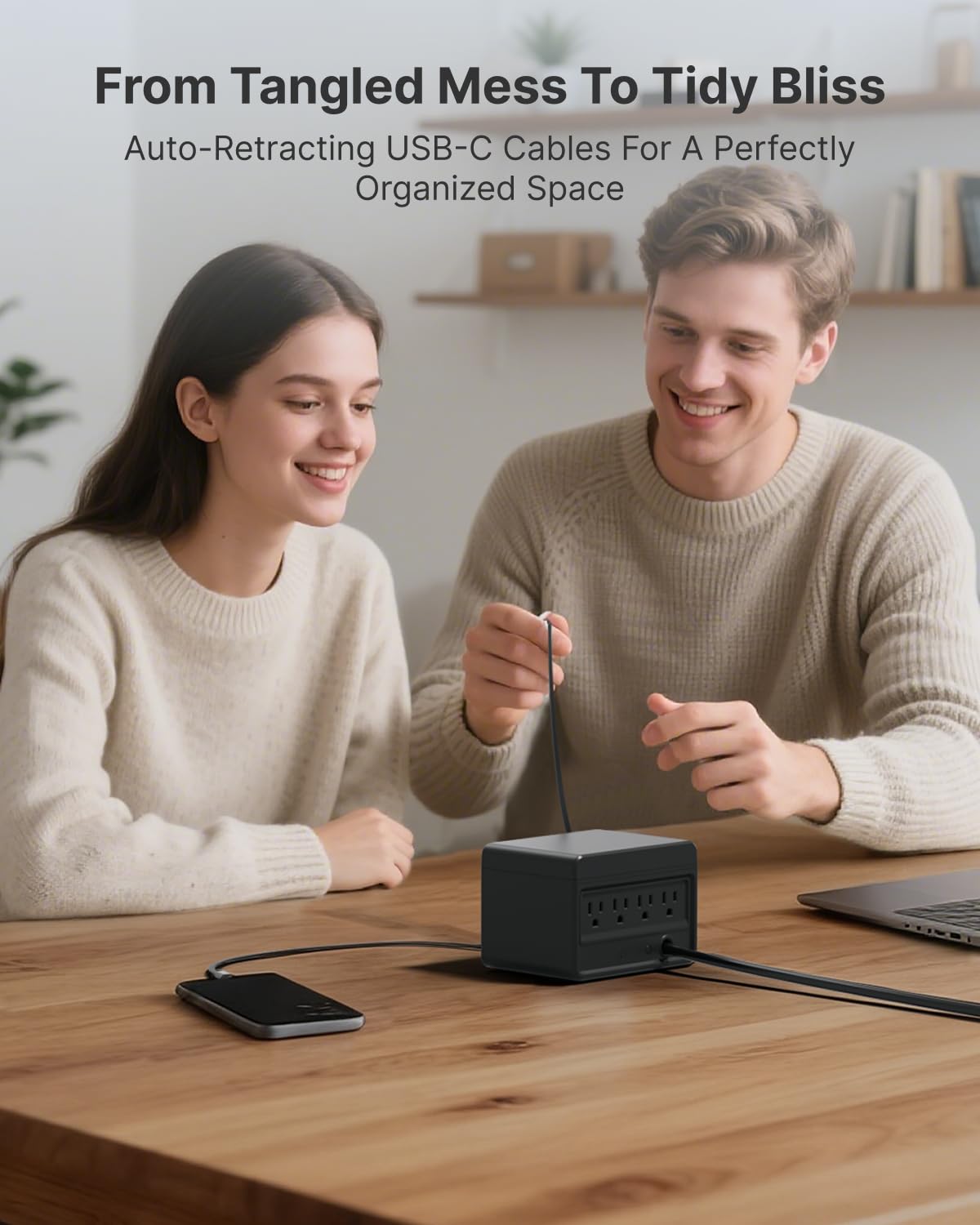 Gitryin 1 Micro USB, 1 Lightning, 4 Type-C Retractable Wall Chargers and 1 Power Strip, Desktop Modular Charging Station