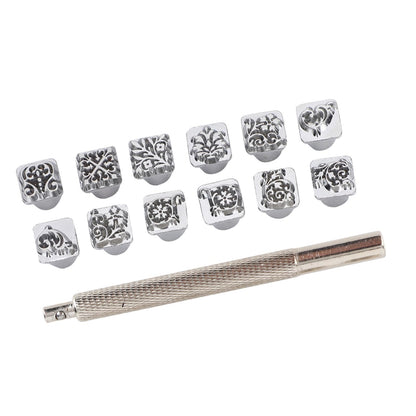 12PCS Leather Stamping Tools, 12 Patterns Zinc Alloy Leather Craft Stamps Punch Set Tool, Flower Design Leather Stamper for Leather Craft DIY Jewelry Marking