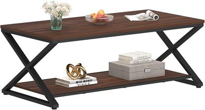 HSH Walnut 2 Tier Storage Coffee Table, Modern Rectangle Center Table for Living Room, Industrial Minimalist Wooden Metal Cocktail Tea Table, Home Office Rustic Simple Display Coffee Table, 39 Inch
