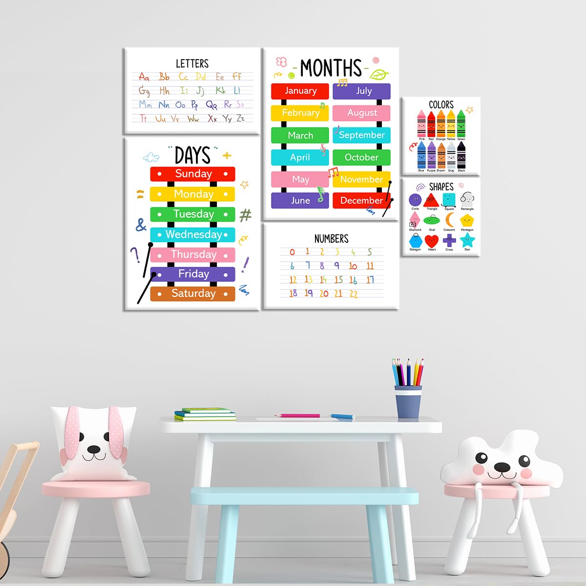 Colourful Alphabet Educational Wall Decor,Abc Chart Number Chart Educational Wall Art Canvas Frame Poster Print for Classroom Homeschool Nursery Wall Decor Set of 6