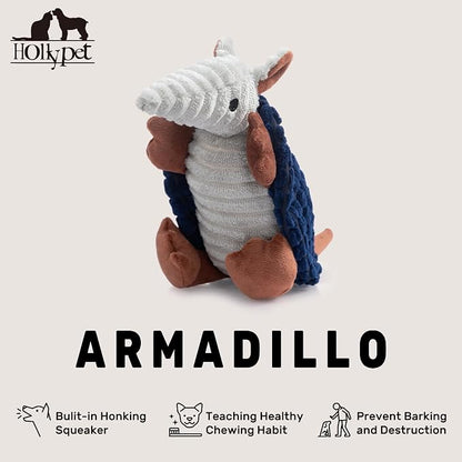 Hollypet Plush Dog Squeaky Toy Stuffed Armadillo Animal Pet Puppy Chew Toys with Clean Teeth for Small Medium Large All Breed Sizes Dogs, Ultramarine, 8 in