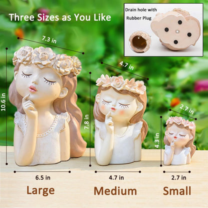 Snowy sunday Adorable Fairy Girl face Succulent Pot 2-Packs with Drainage Hole, Resin Head Planter Pot for Indoor Plants, Decorative Flower vase,Gifts Idea for Lady (Medium-Tranquility)