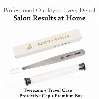 Beauty Power Slant Tip Precision Tweezers - Stainless Steel Eyebrow Tweezers for Women & Men - Precision Tweezers for Facial Hair, Ingrown Hair & Brow Shaping - Professional Beauty Tool (Grey)