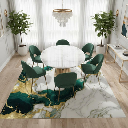 Marble Swirl Modern Abstract Emerald Green Grey Gold Area Rug for Living Room Bedroom Ultra Soft Wool Carpet Under Dining Table Lux Aesthetic Home Office Carpets 5x7