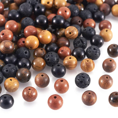KISSITTY 300Pcs 6 Style Natural Wood Round Gemstone Beads Kit for Easter 8mm Lava Rock Bead & Grade AB Tiger Eye Wood Bead Natural Polished Wooden Ball Loose Beads for Men Bracelet Jewelry Making