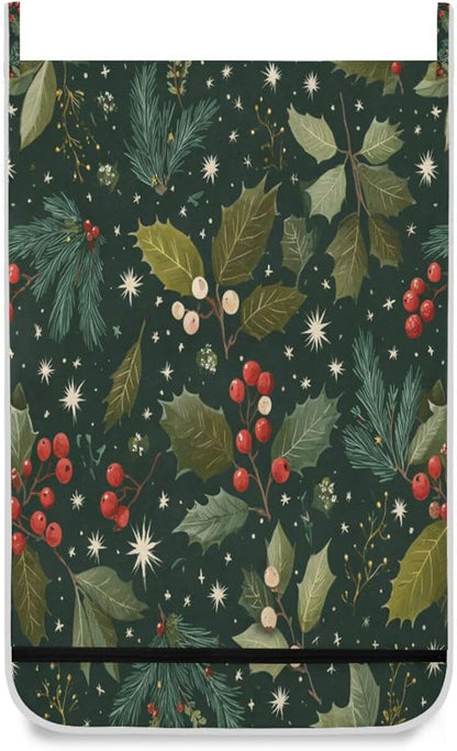 Green Christmas Holly Berries Pine Needles Leaves Hanging Laundry Hamper Door