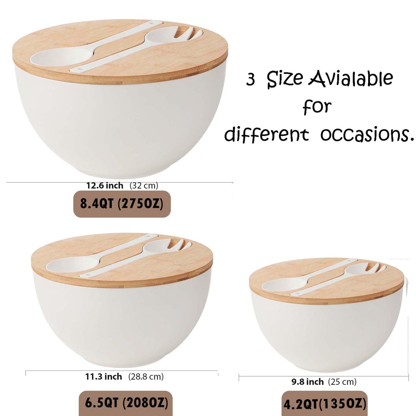 ECOHAGOU 11.3" Extra Large Salad Serving Bowl Set with Wooden Lid&Utensils, 6.5Qt., Bamboo Fiber Salad Bowl with Servers for Kitchen, Lightweight Big Bowl for Mixing Salad,Fruit,Pasta - Matte White