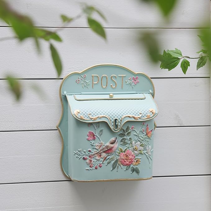 BIG FORTUNE Wall Mount Mailbox for House Outside Vintage Metal Door Mailbox Antique Style Nostalgic Charm Home Decor Garden Vintage English Cottage Decor Flower Patter (LightGreen)