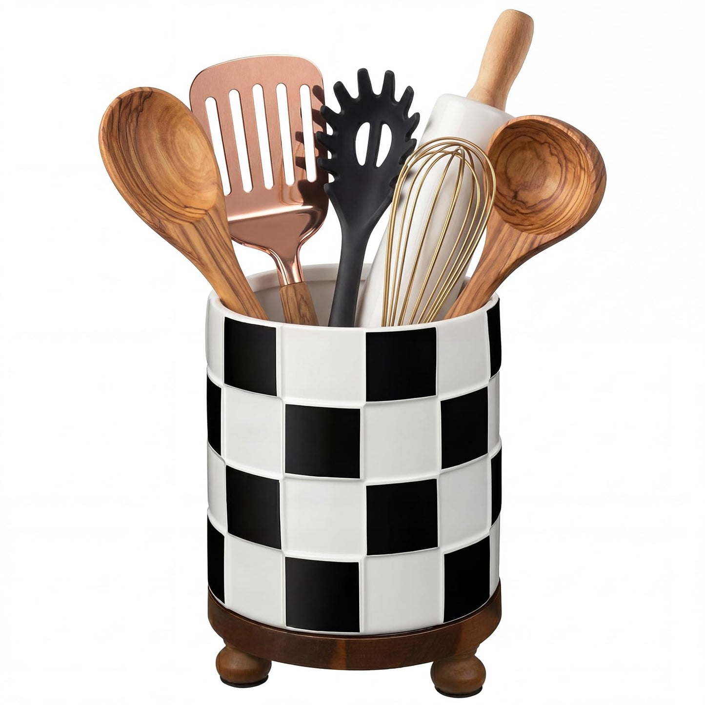Ferrochef Kitchen Utensil Countertop Holder Checkered Utensil Crock with a Wooden Base 7.5 Inch Organizer Country Style Decorative for Storing Spoons Spatulas and Pot Spatulas