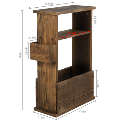 MyGift 24 Inch Tall Rustic Burnt Wood End Table with Remote Control Holder, Storage Shelf, and Magazine Rack, Wooden Narrow Living Room Couch Side Accent Furniture