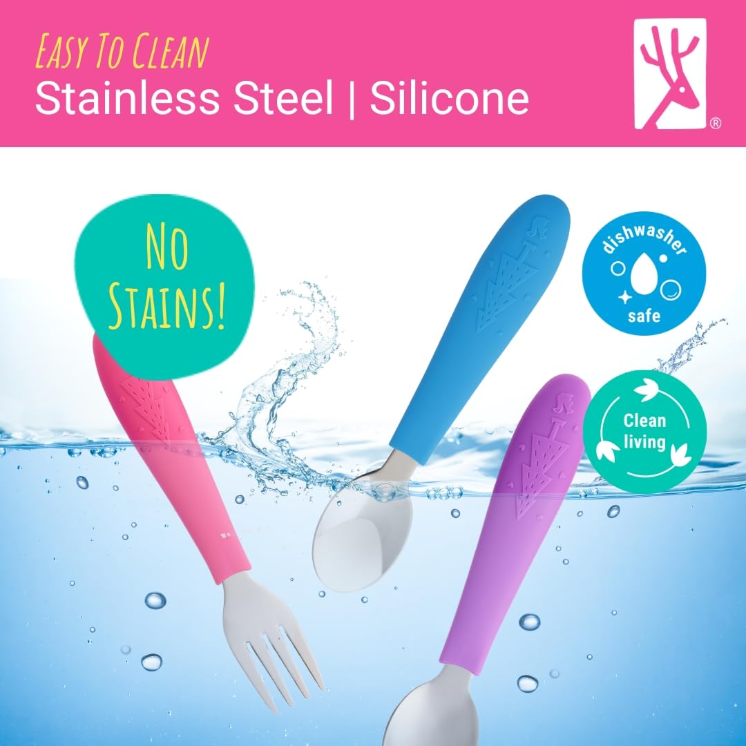 Elk and Friends Kids Silverware with Silicone Handle | Childrens Safe Flatware | Toddler Utensils | Baby Spoons + Forks | Stainless Steel Cutlery