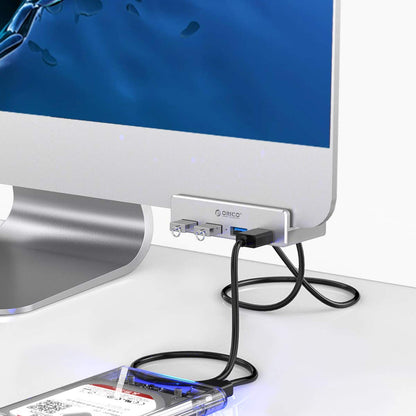 ORICO USB 3.0 Hub, USB Hub Clamp, Aluminum 4-Port USB Splitter with Extra Power Supply Port and 4.92 FT USB Data Cable, Desktop Powered USB Hub for Monitors/Desks-Black (Without Power Adapter)