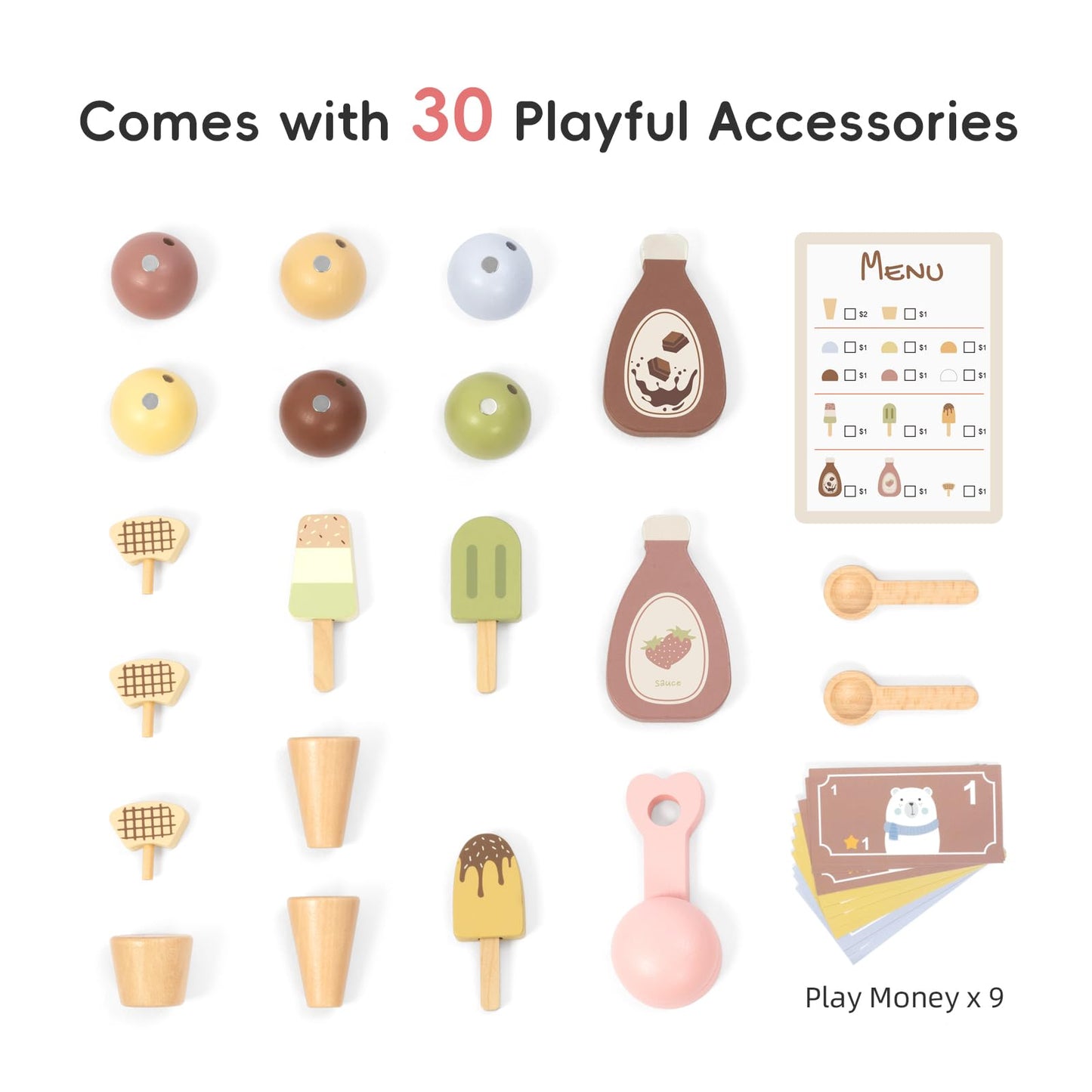 OOOK Wooden Ice Cream Cart for Kids, Ice Cream Truck Toy with Scooper & Wheels, Play Kitchen Accessories for Pretend Play with Menu & Pretend Money, Imaginative Preschool Toys for Girls & Boys 3+