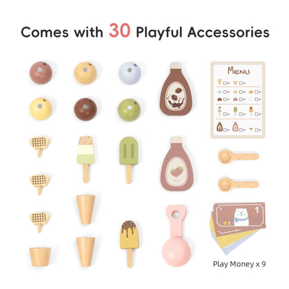 OOOK Wooden Ice Cream Cart for Kids, Ice Cream Truck Toy with Scooper & Wheels, Play Kitchen Accessories for Pretend Play with Menu & Pretend Money, Imaginative Preschool Toys for Girls & Boys 3+