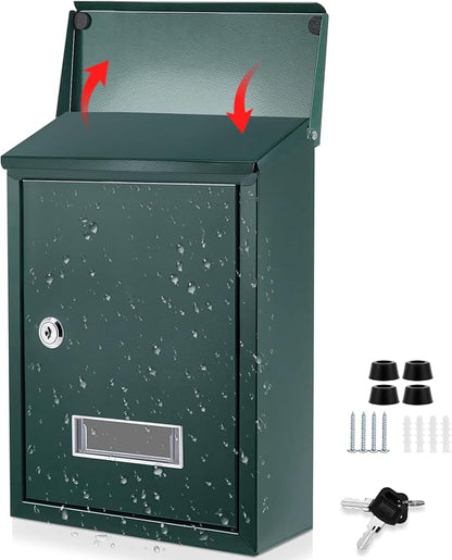 Amylove Weatherproof Mail Boxes with Key Lock, Security Locking Wall Mount Metal Mailbox with Slot for Outside, Large Capacity for Mail, Packages, Donations, Voting 11.8" H x 8.3" L x 2.8" W, Green