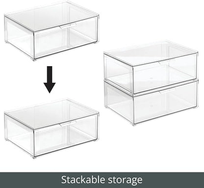 mDesign Plastic Stackable Bathroom Storage Organizer Bin Containers with Front Pull Drawer for Bathroom Countertop, Vanity, Closet Shelves - Holder for Accessories - Lumiere Collection, 2 Pack, Clear
