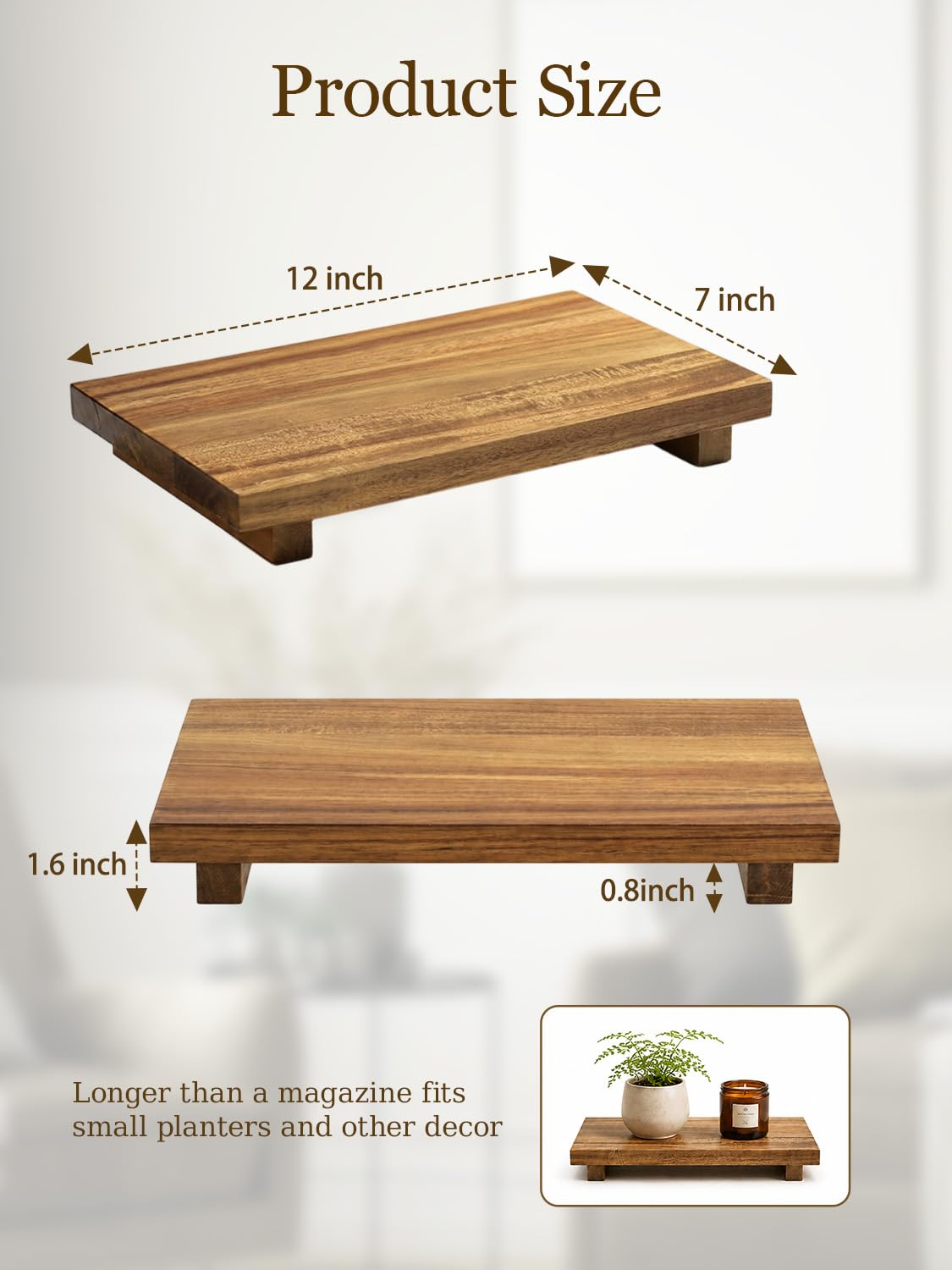 Duseu 12x7 Inch Acacia Wood Pedestal Stand, Wood Riser for Kitchen Counter, Farmhouse Wood Display Riser for Coffee Bar, Soap Dish, Plant Stand, Bathroom Organizer