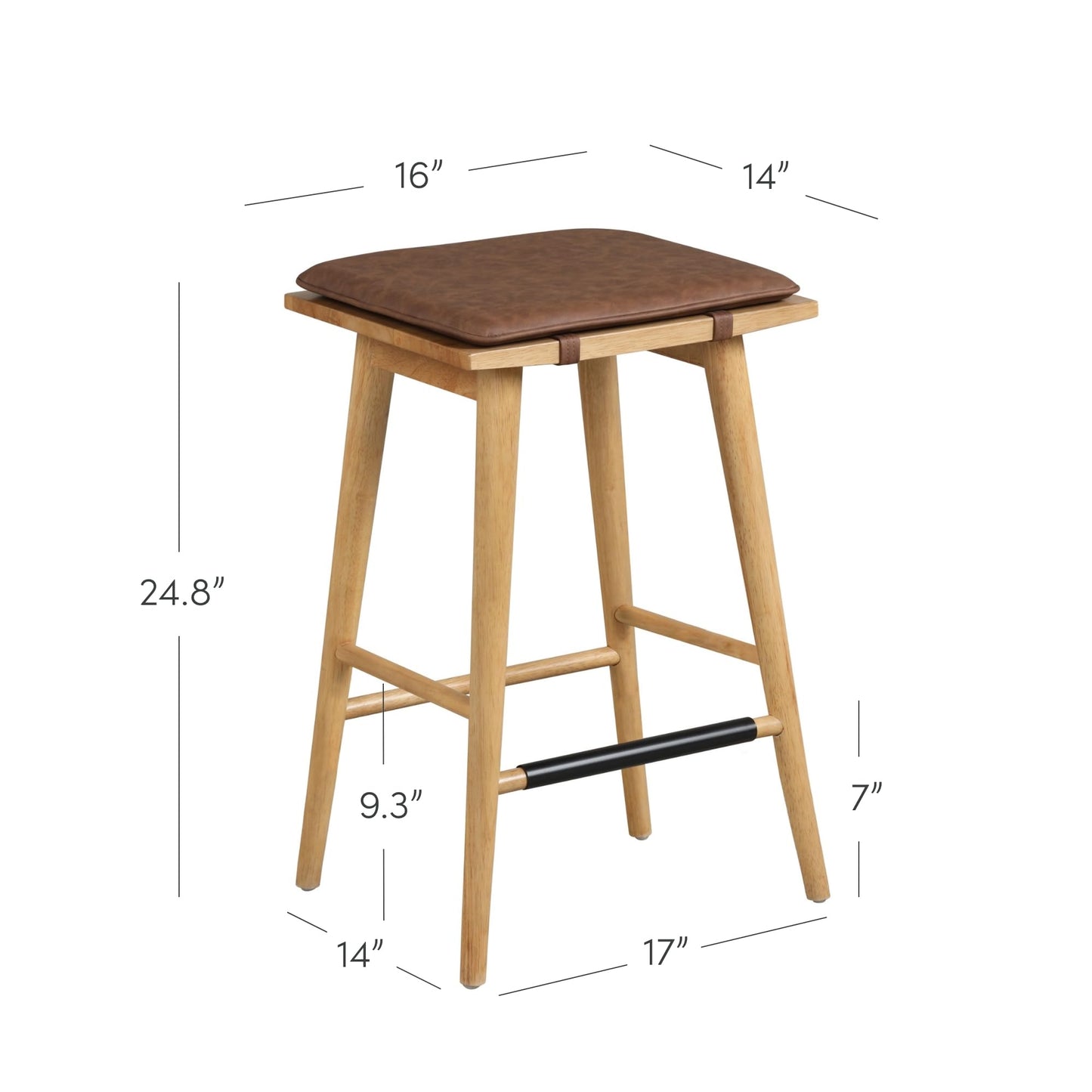 Nathan James Barker Classic Counter Height Wood Barstool with Leather Removable Cushion, Backless Island 24" Bar Stool for Kitchen, Chestnut Brown