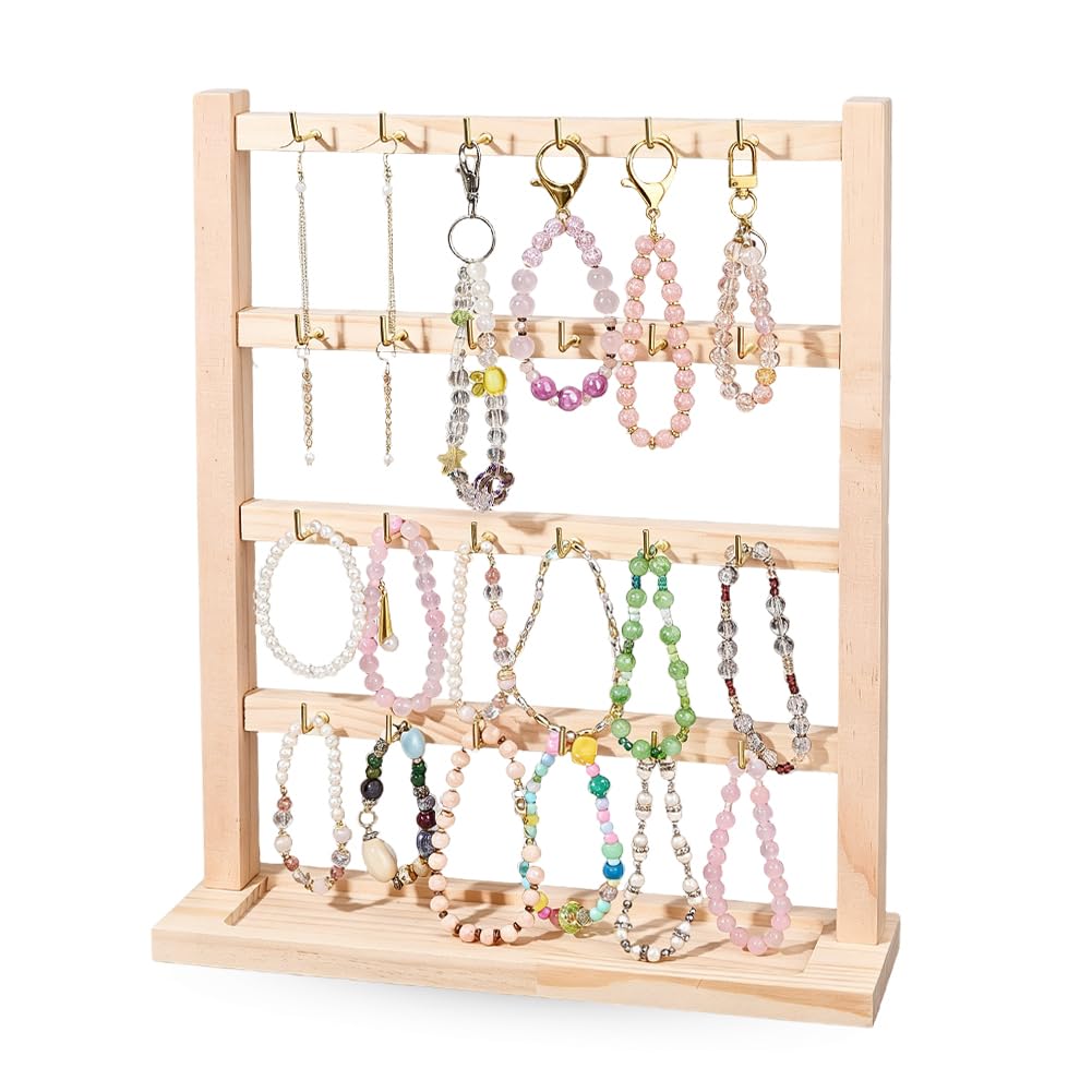 SUPERFINDINGS 4 Tier Wooden Earring Display Stand Keychain Display Stand with 24 Gold Hooks Rack Earring Cards Organizer with Trays for Retail Counter Home Entryway Keychain Necklace Bracelet