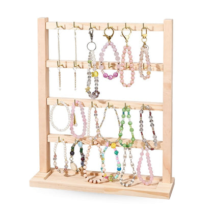 SUPERFINDINGS 4 Tier Wooden Earring Display Stand Keychain Display Stand with 24 Gold Hooks Rack Earring Cards Organizer with Trays for Retail Counter Home Entryway Keychain Necklace Bracelet