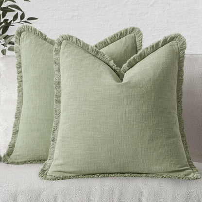 MIULEE Christmas Decorative Throw Pillow Covers Neutral Linen Fringe Fall Throw Pillows Set of 2 Natural Beige Boho Farmhouse Cushion Covers with Tassels for Couch Sofa Bed Home Decor 20x20 Inch