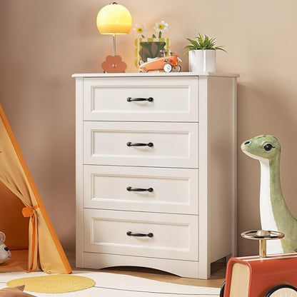 Gizoon Dresser for Bedroom with 4 Drawers Wooden Chest of Drawers for Closet Dresser Storage Unit Organizer for Hallway Living Room and Office, White, Painted