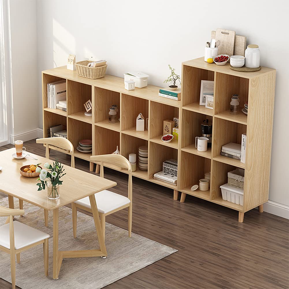 IOTXY Freestanding Open Cubes Bookcase - 2-Tier Floor Standing Wooden Storage Display Cabinet Organizer with Legs for Home Office, 4-Cubes Open Shelf Low Short Bookshelf, Oak