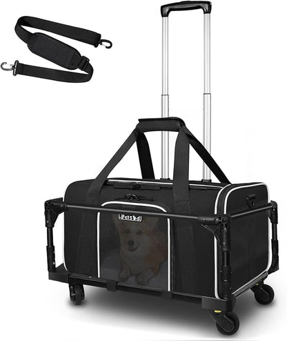Petskd Small Pet Carrier with Wheels(18" L x 11" W x 11" H), Delta/American/United Airlines Approved, Rolling Pet Carrier for Small Dogs & Cats (Black)