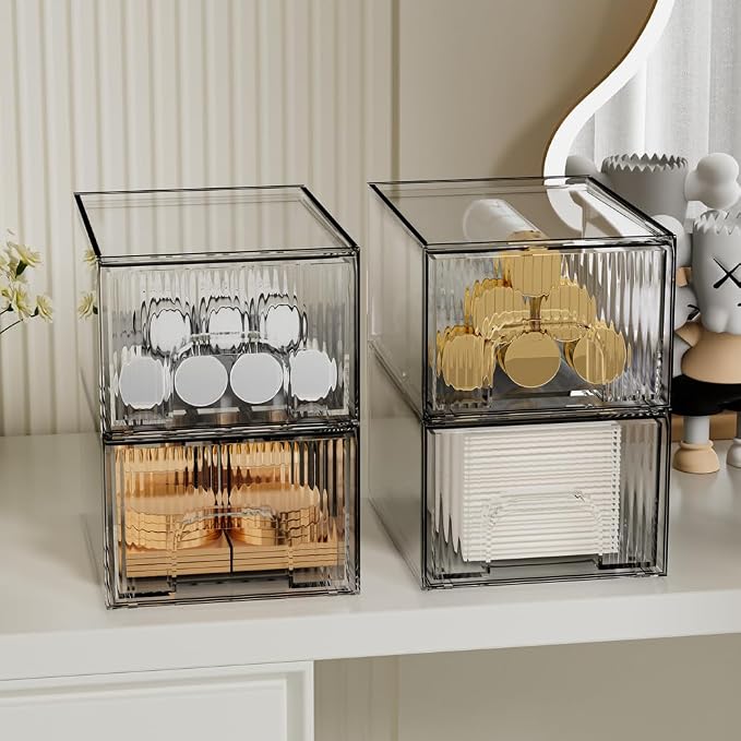 ZHIAI 4 Pack Clear Stackable Storage Drawer, Acrylic Drawer, Cosmetic Organizer, Plastic Organizer for Dresser, Under, Kitchen Cabinet, Pantry, Home Organization and Storage