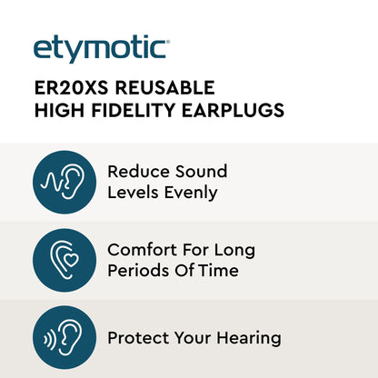 Etymotic ER20XS ETY Earplugs - Standard Size, Clear - High-Fidelity Hearing Protection - Up to 20 dB Sound Reduction - Reusable - Includes Neck Cord & Carrying Case