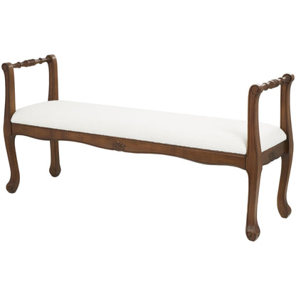 Deco 79 Fabric Home Bench Arm Entryway Bench with Brown Traditional Wood Turned Legs, Bedroom Bench 55" x 16" x 27", Cream