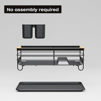 Dish Racks for Kitchen Counter: Wooden Handles, Thickened Metal, No Assembly. Small Dish Drying Rack: Ideal for Small Households. Drying Rack Kitchen: Black