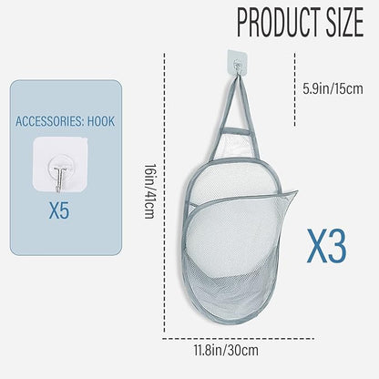 3 Pieces Hanging Laundry Hamper Foldable Mesh Hamper Dirty Cloth Basket