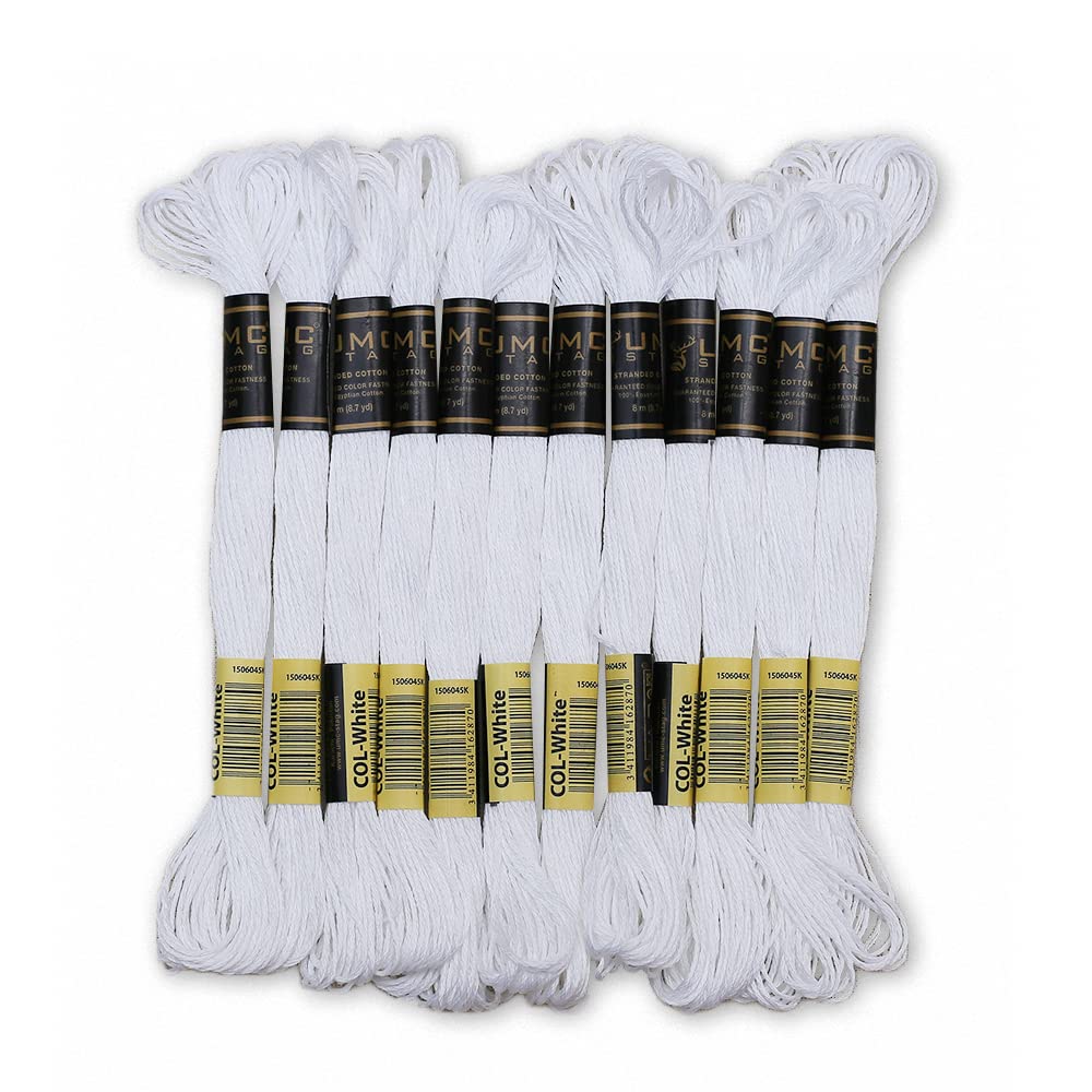 UMC STAG Pack of 12 Premium Embroidery Thread | 100% Egyptian Cotton Premium Skeins | Cross Stitch Embroidery Floss | Oeko TEX Certified Stranded Cotton | Ideal for Arts & Crafts (White-12)