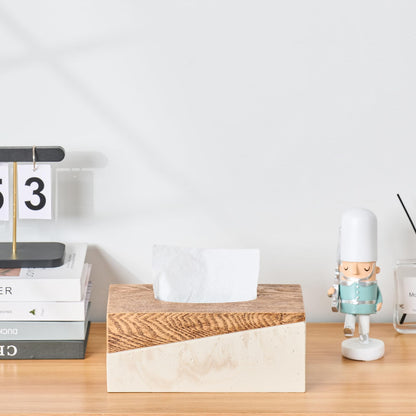 Rectangular Natural Travertine and Rustic Wood Textures Tissue Box Cover for Bathroom,Livingroom,Bedroom, Hand-Made Resin Wood Inlaid Travertine Tissue Box Holder,10 x 5.7 x 4.5 in