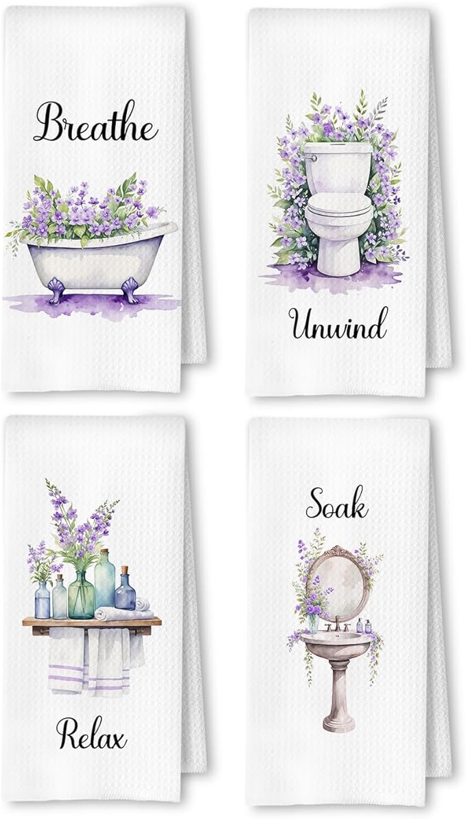 Farmhouse Purple Botanical Bathroom Hand Towels, Relax Breathe Soak Unwind