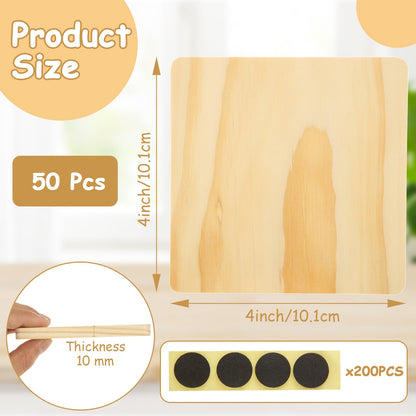 CYEAH 50 Pcs Unfinished Square Wood Coasters, 4 inch Blank Wooden Craft Coasters with Non-Slip Foam Pad Stickers, Wooden Slices for Nature Crafts & Wedding Decoration Painting Wood Engraving