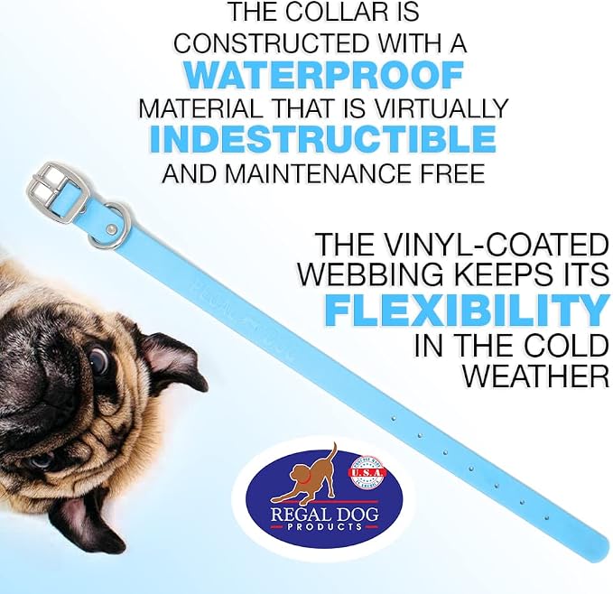 Regal Dog Products Large Light Blue Dog Collar with Heavy Duty Double Buckle & D Ring | Vinyl Coated, Custom Fit, Adjustable Biothane Dog Collar Chew Resistant Waterproof Collar for Dogs