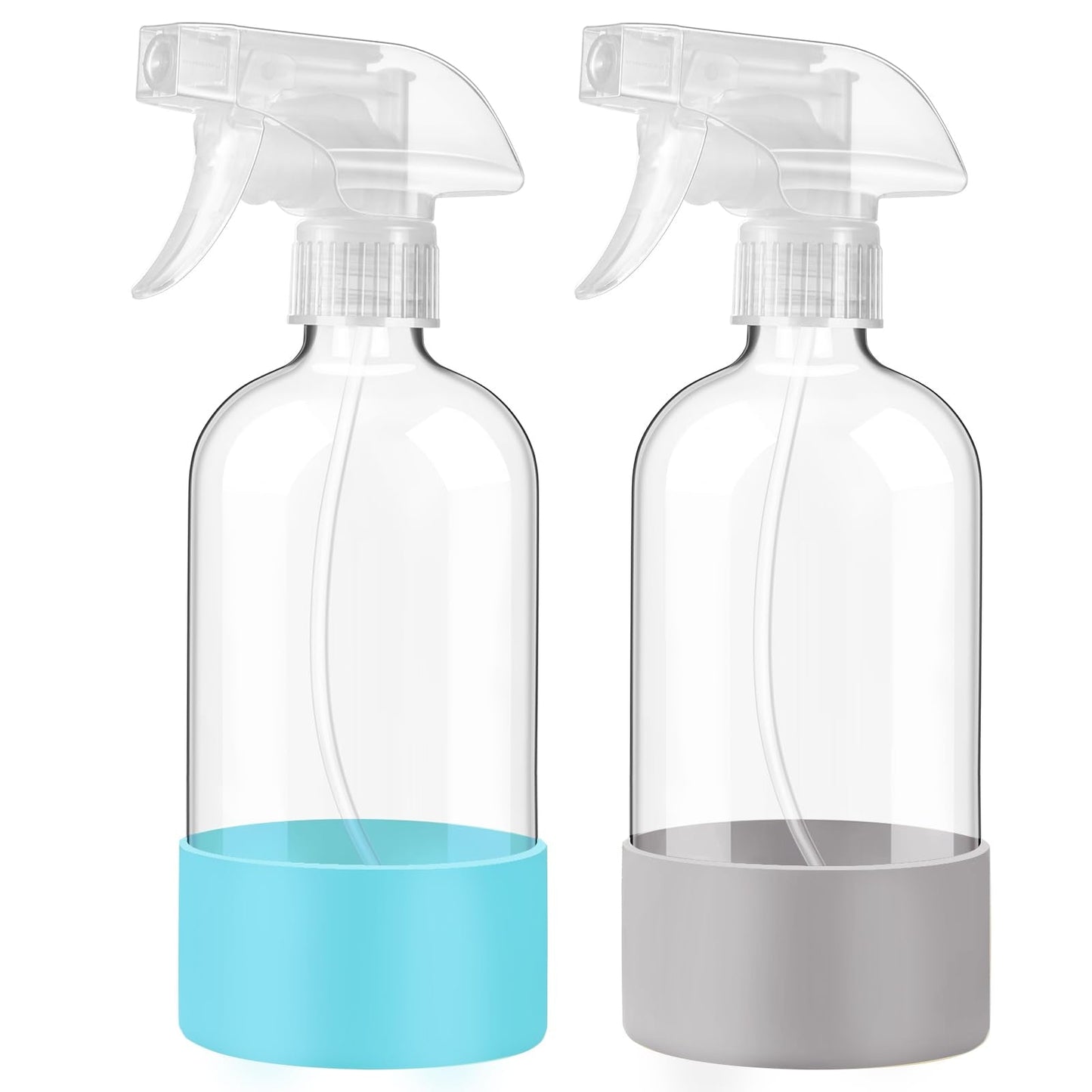 JohnBee Glass Spray Bottles with Silicone Sleeve, 2 Pack16 oz Empty Refillable Containers with Adjustable Spray Nozzles, Spray Bottles for Hair, Cleaning Solutions and Plants Pale Yellow&Grey