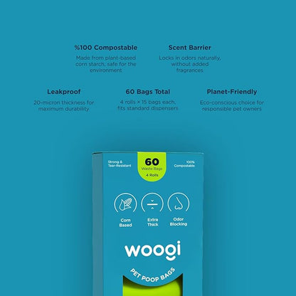 Woogi Biodegradable Dog Poop Bags – 60 Extra Thick & Leakproof Bags (4 Rolls), Eco-Friendly, Compostable Pet Waste Bags Made from Corn Starch, Unscented, Scent Barrier