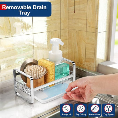 HULISEN Kitchen Sink Sponge Holder, 304 Stainless Steel Kitchen Soap Dispenser