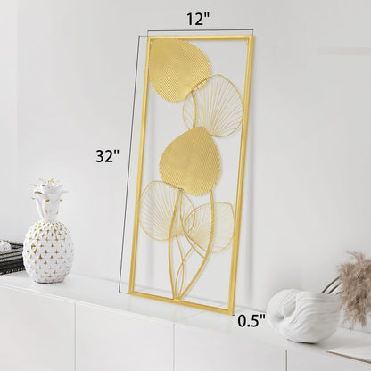 XUANYUQL 2 Pieces Metallic Leaves Wall Decors Luxury Golden Metal Art Wall Sculptures 32" X 12" Modern Wall Hanging Sculptures with Frame for Bedroom Living Room Kitchen Dining Room Office
